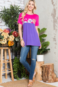 Celeste Flower Print Contrast Short Sleeve T-Shirt