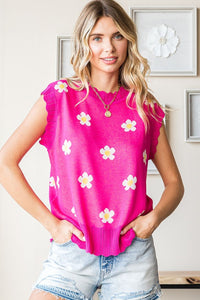 First Love Flower Pattern Round Neck Sweater Vest