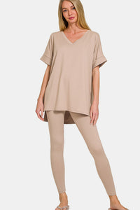 Zenana V-Neck Rolled Short Sleeve T-Shirt and Leggings Lounge Set