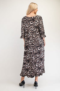 Celeste Leopard Round Neck Flounce Sleeve Dress