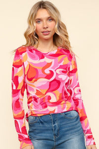 Haptics Heart Print Round Neck Long Sleeve T-Shirt