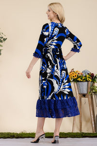 Celeste Paisley Print Lace Ruffled Midi Dress