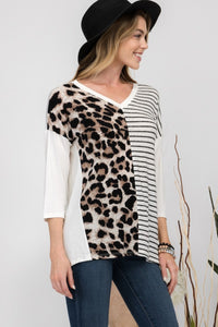 Celeste Front Leopard and Striped Print V-Neck T-Shirt