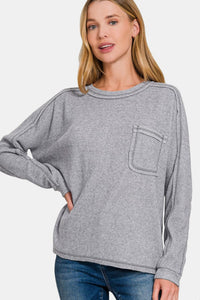 Zenana Contrast Stitching Brushed Ribbed Hacci Knit Top