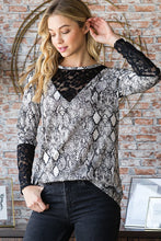 Load image into Gallery viewer, Heimish Snakeskin Print Round Neck Lace Contrast Top