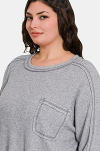 Zenana Contrast Stitching Brushed Ribbed Hacci Knit Top