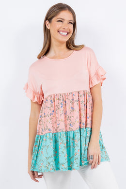 Celeste Floral Color Block Ruffled Short Sleeve Top