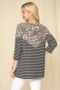 Celeste Leopard Spliced Stripe T-Shirt with Lace Detail