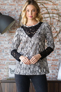 Heimish Snakeskin Print Round Neck Lace Contrast Top