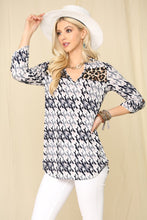 Load image into Gallery viewer, Celeste Houndstooth &amp; Leopard Roll-Tab Sleeve Top