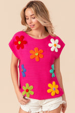 Load image into Gallery viewer, BiBi Flower Round Neck Cap Sleeve Knit Top