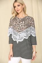 Load image into Gallery viewer, Celeste Leopard Spliced Stripe T-Shirt with Lace Detail