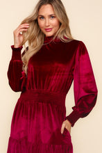 Load image into Gallery viewer, Haptics Mock Neck Smocked Waist Velvet Tiered Dress