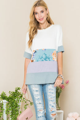 Celeste Contrast Color Block Round Neck T-Shirt