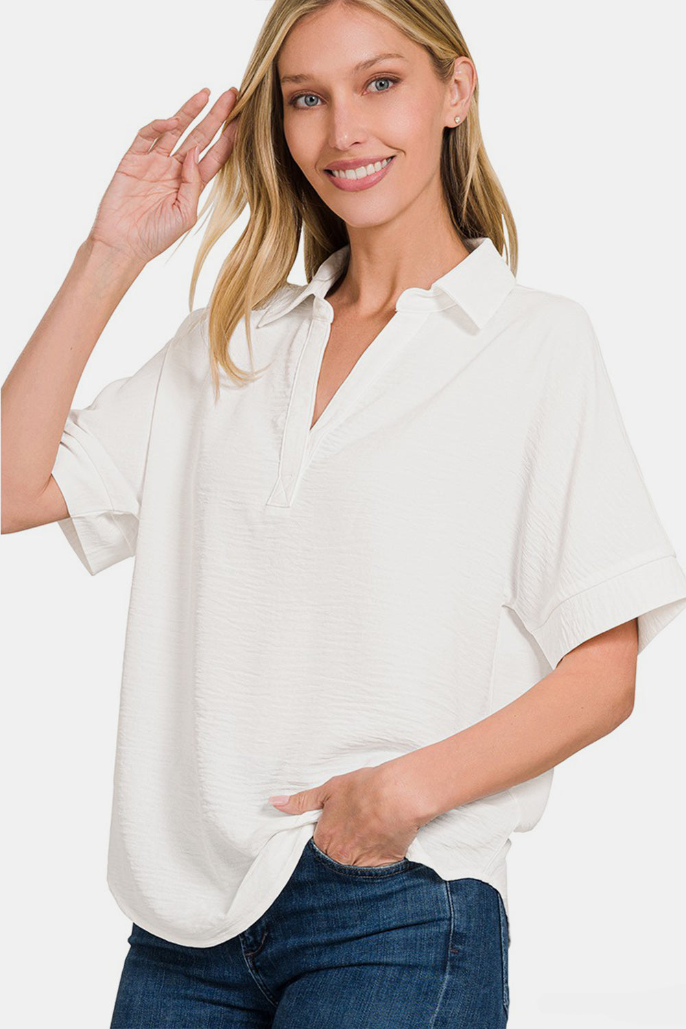 Zenana Texture Collared Neck Short Sleeve Top