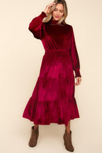 Load image into Gallery viewer, Haptics Mock Neck Smocked Waist Velvet Tiered Dress