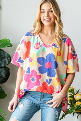 HOPELY Floral V-Neck Side Slit T-Shirt