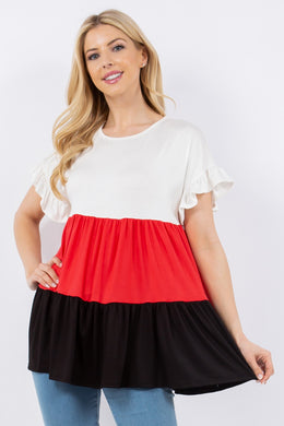 Celeste Color Block Ruffled Short Sleeve Top