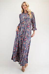 Celeste Ruffle Hem Paisley Round Neck Dress