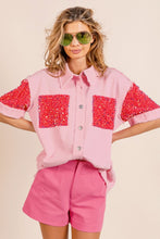 Load image into Gallery viewer, BiBi Sequin Detail Raw Hem Short Sleeve Shirt