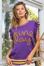 Load image into Gallery viewer, BiBi Game Day Letter Contrast Trim Ruffled Sleeveless Sweater