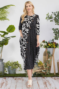 Celeste Floral Polka Dot Contrast Midi-Dress with Pockets