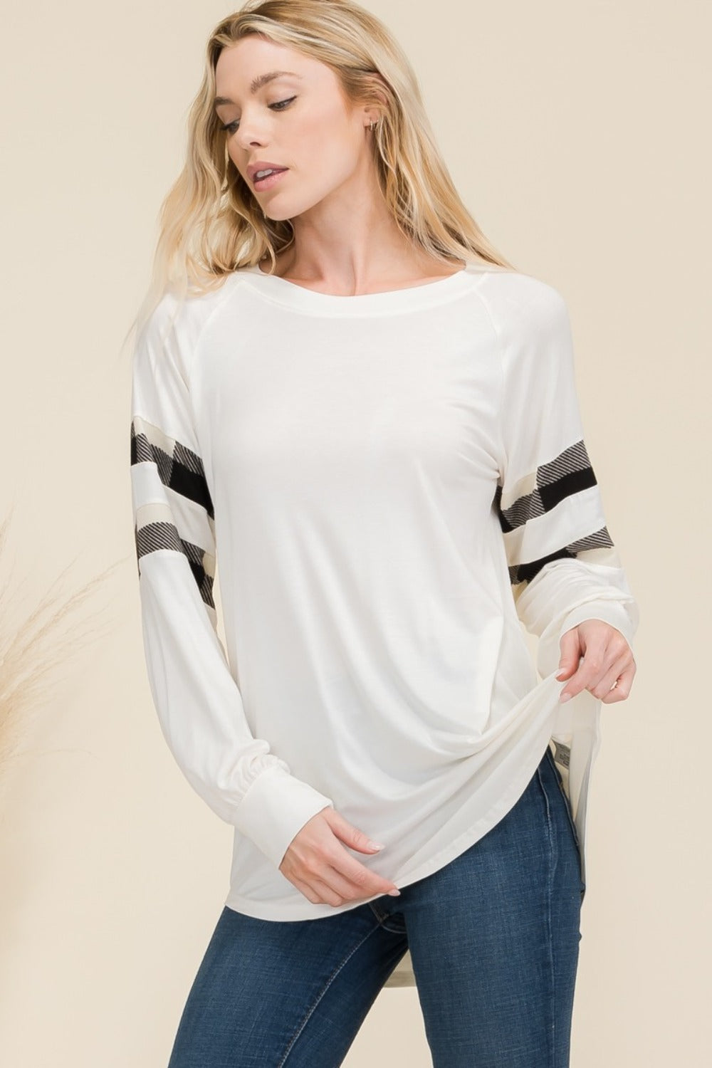 Celeste Plaid Detail Long Sleeve T-Shirt