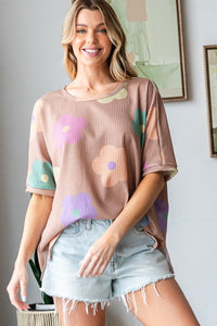 HOPELY Floral Round Neck Side Slit Waffle T-Shirt