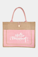 Load image into Gallery viewer, Fame Hello Weekend Burlap Tote Bag