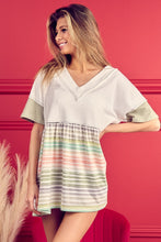 Load image into Gallery viewer, BiBi Striped Exposed Seam V-Neck Short Sleeve Blouse