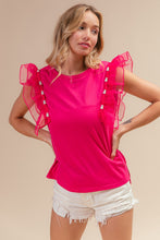 Load image into Gallery viewer, BiBi Pearl Decor Mesh Ruffle Sleeve Top