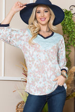 Load image into Gallery viewer, Celeste Leaf Print Contrast Trim Balloon Sleeve Top