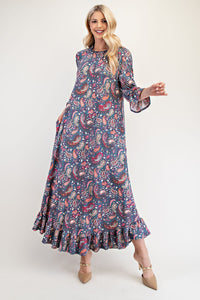 Celeste Ruffle Hem Paisley Round Neck Dress