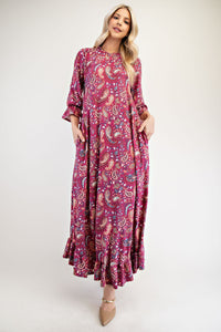 Celeste Ruffle Hem Paisley Round Neck Dress