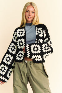 Davi & Dani Two Tone Flower Square Crochet Open Front Cardigan