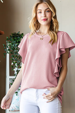 Heimish Ruffled Sleeve Ribbed Top