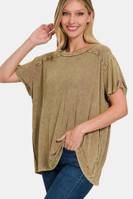 Zenana Washed Ribbed Short Sleeve Top