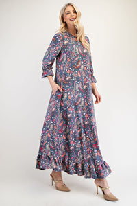 Celeste Ruffle Hem Paisley Round Neck Dress