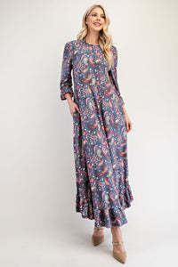 Celeste Ruffle Hem Paisley Round Neck Dress