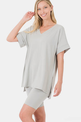 Zenana V-Neck Short Sleeve Slit T-Shirt and Shorts Set