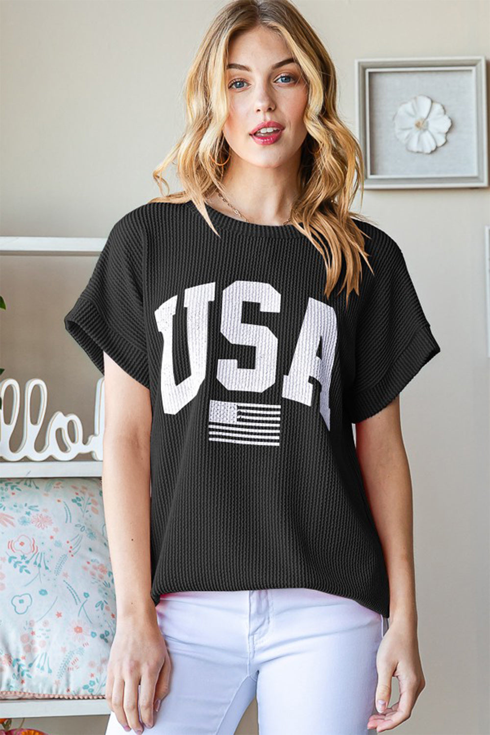 Heimish USA Graphic Short Sleeve Ribbed Top