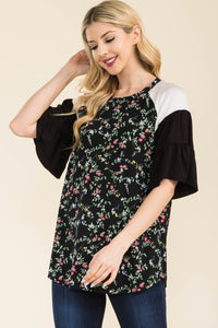 Celeste Floral Contrast Bell Sleeve Top