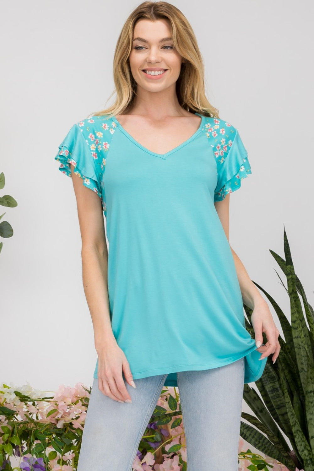 Celeste Floral Contrast Short Sleeve Top