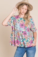 Load image into Gallery viewer, BOMBOM Floral Round Neck Short Sleeve Blouse