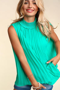 Haptics Smocked Mock Neck Pleated Sleeveless Top