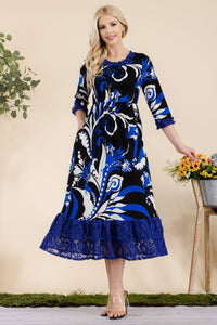 Celeste Paisley Print Lace Ruffled Midi Dress