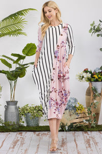 Celeste Floral Striped Contrast Midi-Dress with Pockets