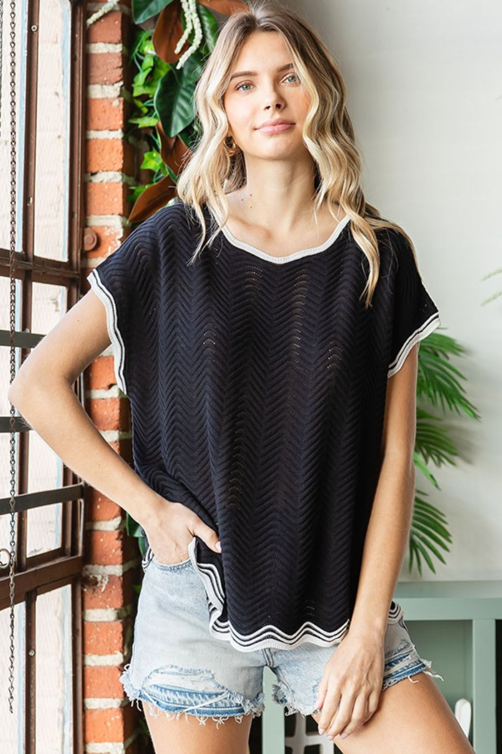 First Love Contrast Wavy Crochet Drop Shoulder Knit Top