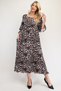 Celeste Leopard Round Neck Flounce Sleeve Dress