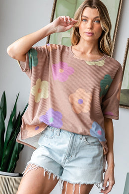 HOPELY Floral Round Neck Side Slit Waffle T-Shirt